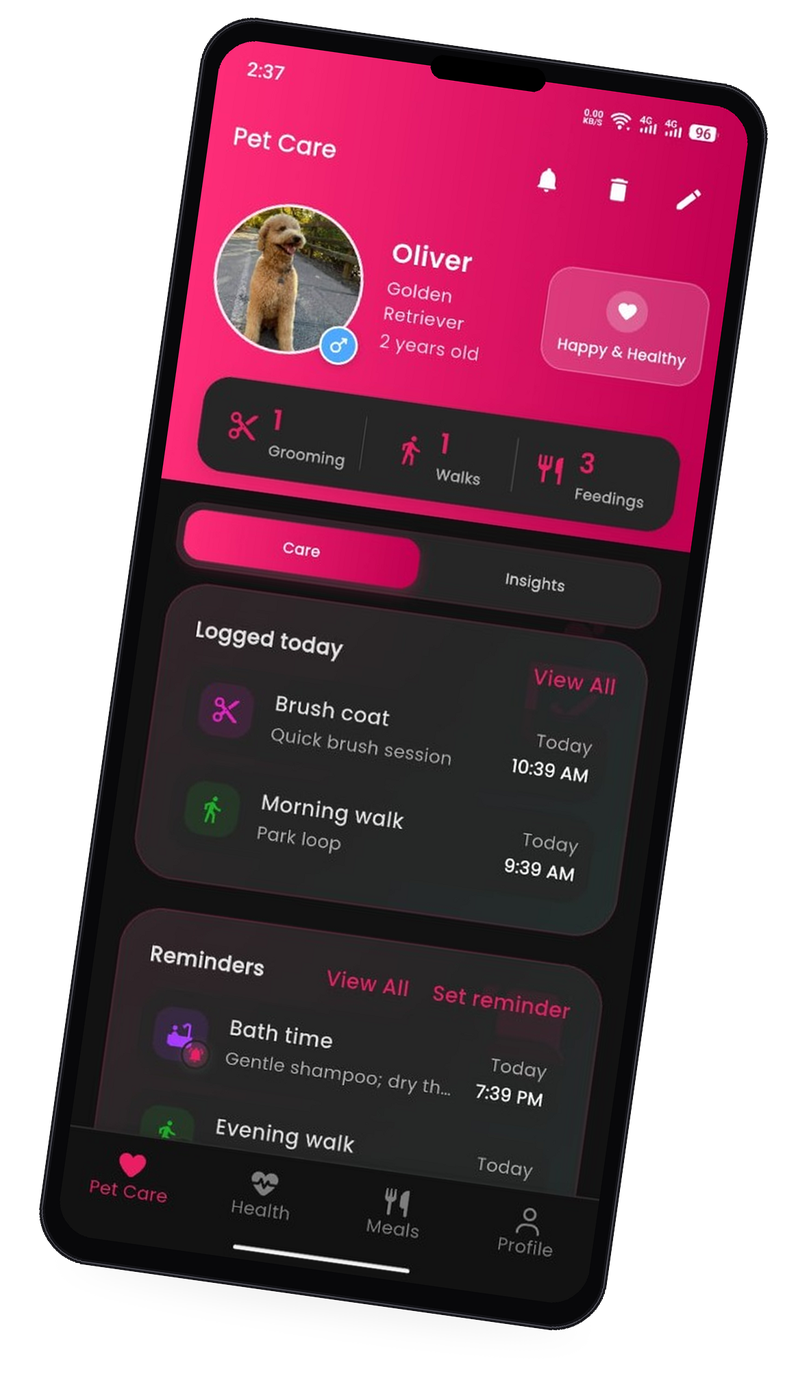 PetLoop Care app — pet care dashboard for Oliver with today’s logs and reminders