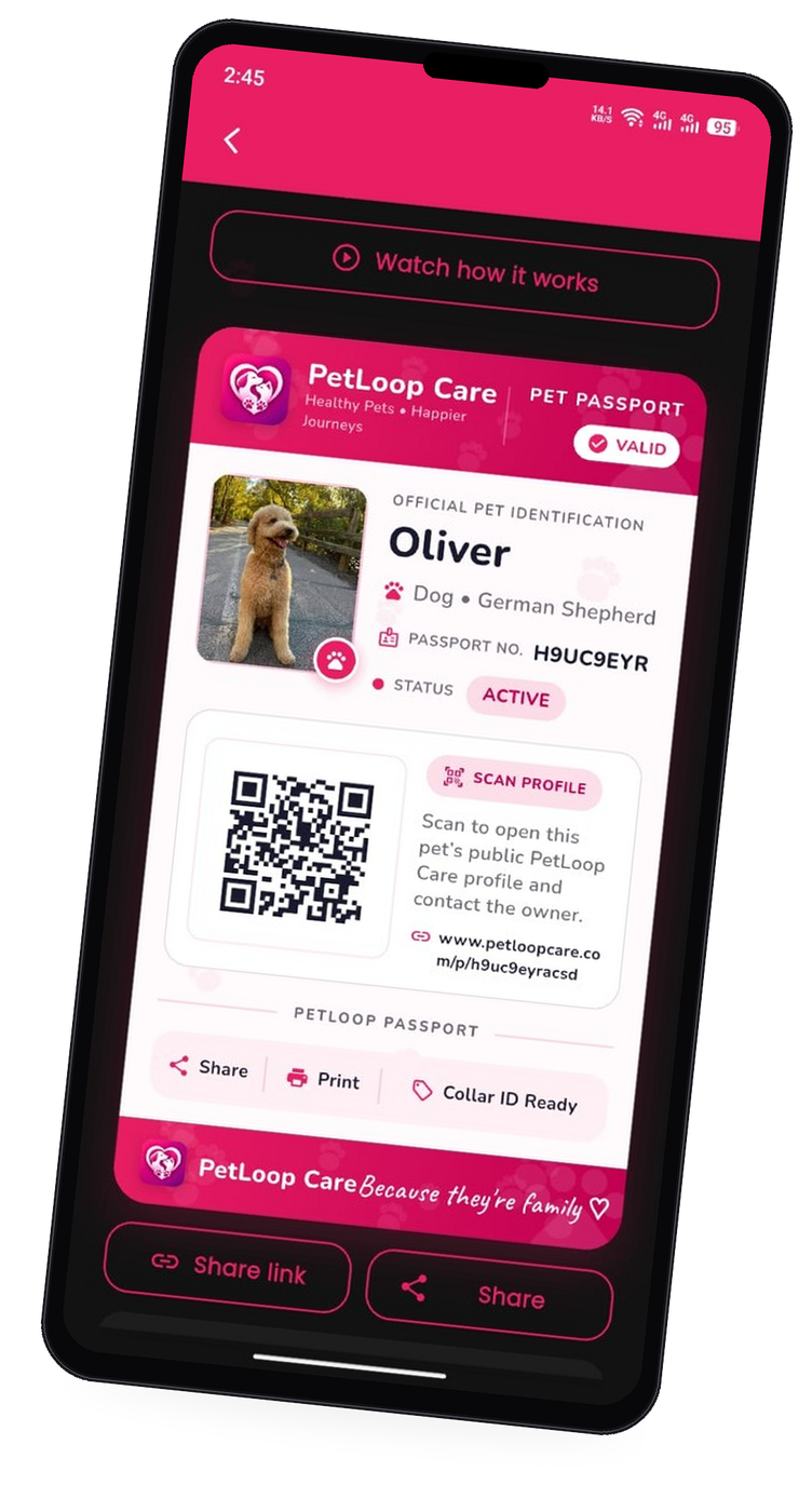 PetLoop Pet Passport with QR code ready to share or print for a collar tag